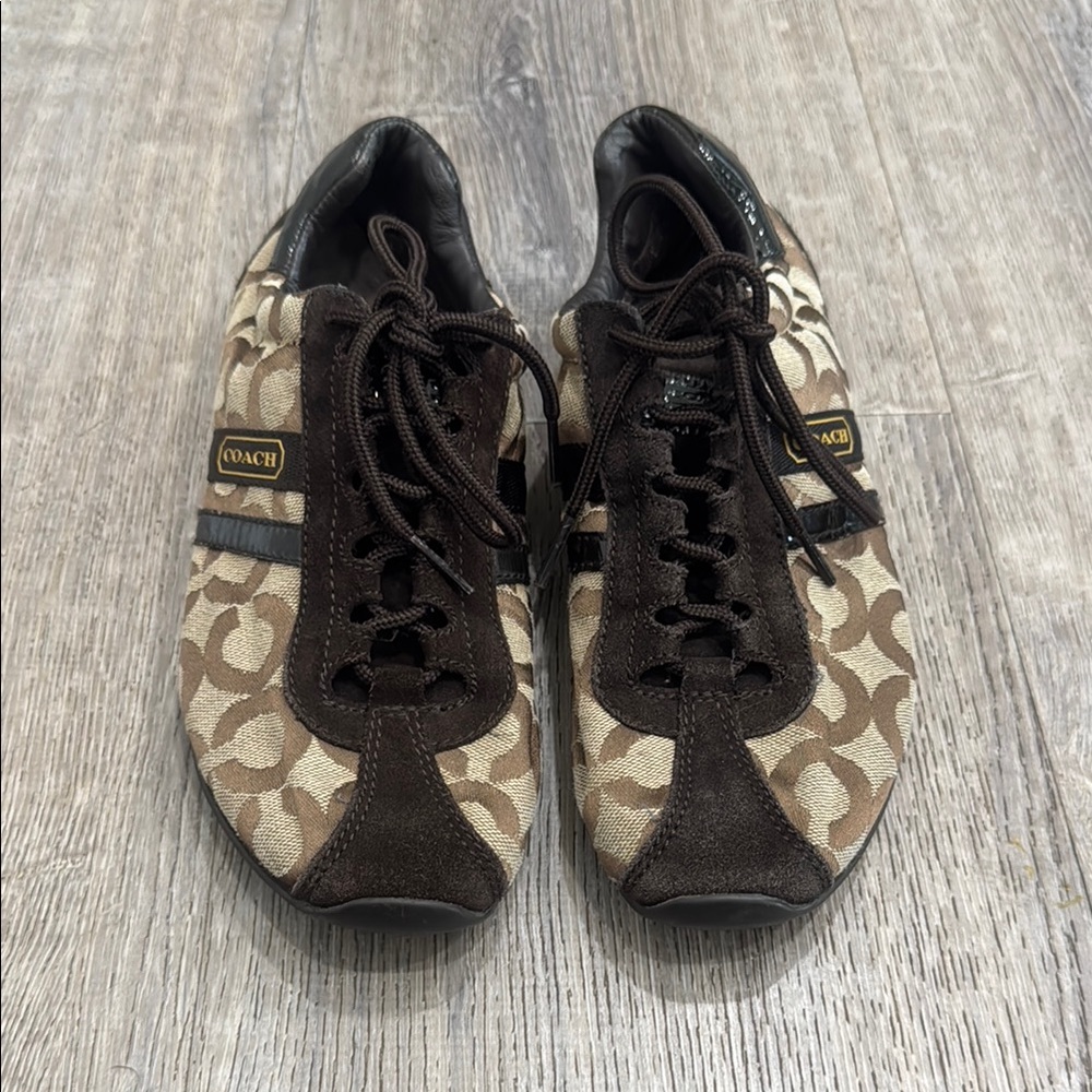 Coach Jayme Brown Bronze Gold Signature Logo Canvas Sneakers